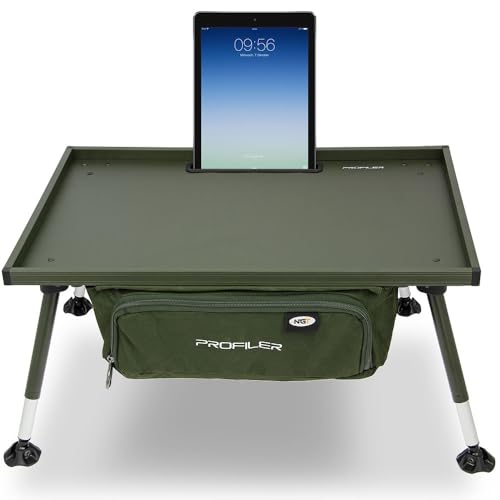 Profiler Bivvy Tisch – Großer Angeltisch mit verstellbaren Beinen, integrierter Aufbewahrungstasche & Gerätehalter – Klappbar, robust, 40 x 58 x 25–37 cm, Grün (Model 7)