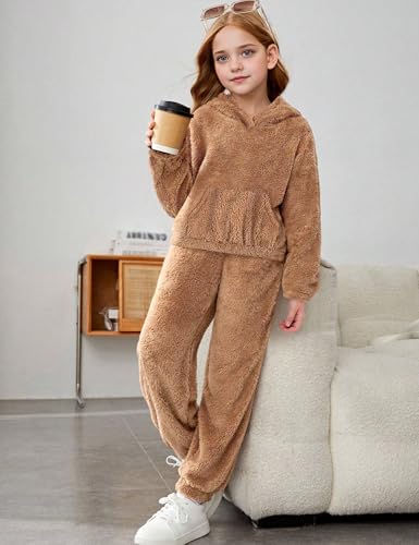 Image of Shallmu Girls Fuzzy Bear Ear Plaid Hoodie Pullover Sweatshirt with Pocket Sweatpants Fall Winter 2 Piece Outfits
