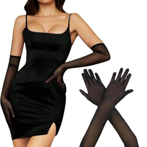 Gant Noir Long Femme, Gant Tulle Gloves Noir pour Tenue Festival Costume, Noirs en Tulle, Manchettes Sexy, Mariage et fête,Taille Unique,Transparent...