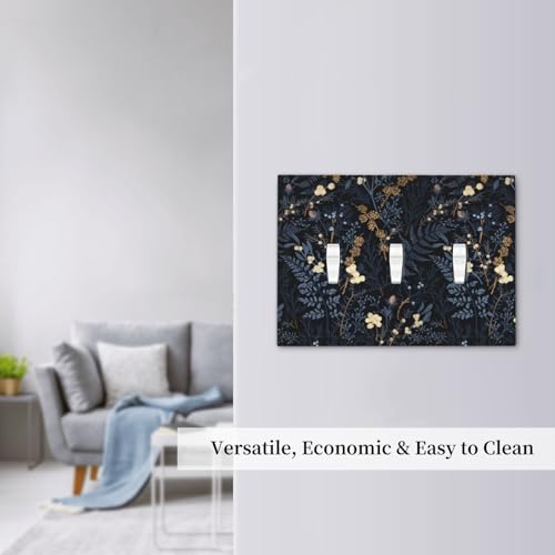 Decorative Switch Plate Covers Rustic Navy Dark Blue Leaves Golden Floral 3 Gang Light Switch Cover Plate Triple Toggle Wall Plate Outlet Covers for Bedroom Home Decor