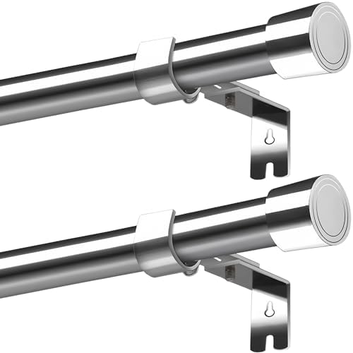 Curtain Pole with Brackets&Cap Finials Extendable Curtain Rods for Windows, Living Room, Bathroom, Bedroom(90-175CM/35.4-69.0Inch, Silver)