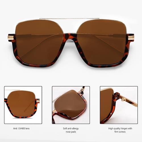 Image of GUVIVI Retro Oversized Aviator Sunglasses for Women Men Square Double Bridge Pilot Sun Glasses 70s Trendy Shades