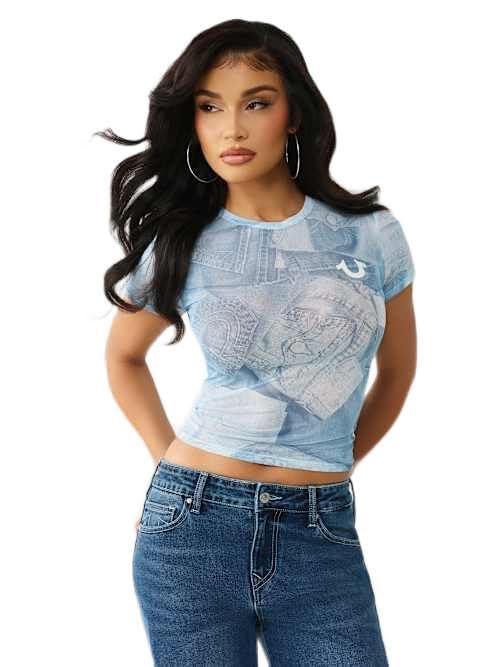 Haut à manches courtes en maille True Religion pour femme, t-shirt imprimé denim bleu taille L