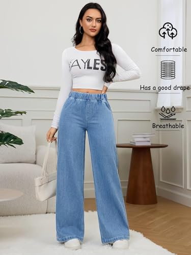 Image of ADBUCKS Women's Stretch Denim Wide Leg Jeans Comfort Fit with Elastic Waistband, Straight Cut, Casual Style for All Seasons, Versatile Clothing