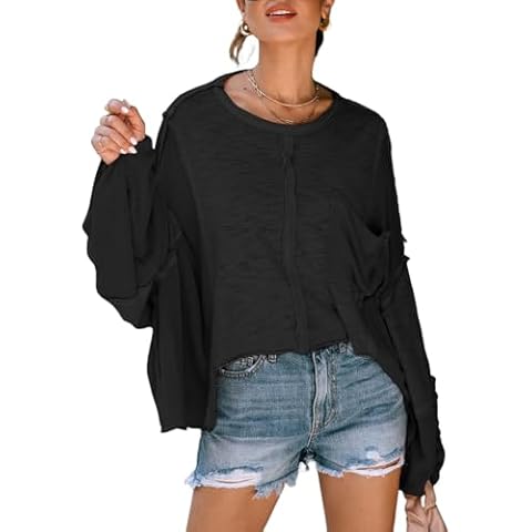 LEMAFER Women's Exposed Seam Chest Pocket Loose Sleeve Oversized Tunic Top Casual Round Neck Solid Patchwork Long Sleeve Blouse Black Cover