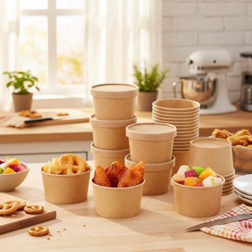 Image of Fulmoon 5 oz 100 Pack Paper Containers with Lids Soup Bowl Cup, Brown | Disposable Ice Cream Cup, Kraft Food Containers with Vented Lid Stackable for Hot Soup Dessert Cake Fruit Microwave Takeout