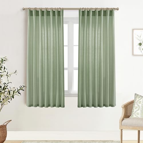 Image of XTMYI Sage Green Sheer Curtains 63 Inch Length for Living Room,Boho Rod Pocket Light Filtering Linen Semi Transparent Bedroom Curtains Drapes 63 Inches Long 2 Panels Set for Bathroom Window Kitchen