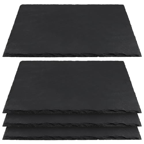 CHEUKYIU Lot de 4 Plateaux de Service Rectangulaires Noirs en Ardoise Naturelle, 30 x 25 cm, Plateaux de Repas pour Steak, Entrée, Sushis