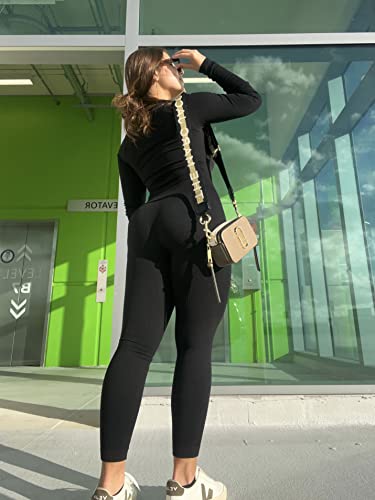 Suuksess Women Ribbed Stretchy One Piece Jumpsuits Yoga Long Sleeve Workout Jumpsuits (Black,M) #TOP2