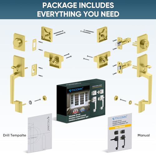 Image of TICONN Double Front Door Handle Set, Heavy Duty Square Door Lever and Single Cylinder Deadbolt Combo for Side by Side Entrance Exterior Doors (Satin Brass)