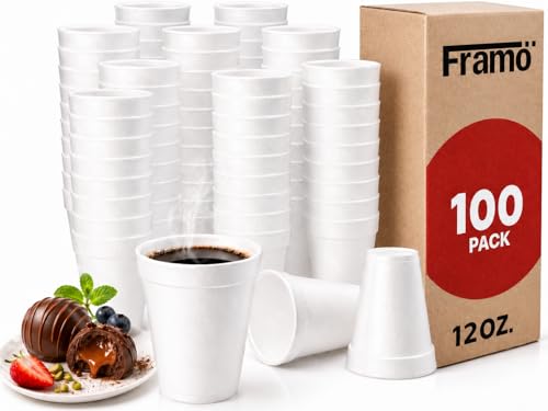 Framo 12 Oz Foam Cups (100 Pack) Lightweight Insulated Foam Cups for Coffee Cold Drinks & Other Hot Beverages - Disposable Drinking Cups for Parties Picnic BBQ Travel & Events (100 Pack)