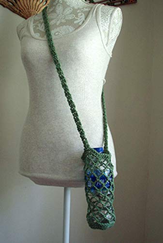 Cotton Crochet Crossbody Water Bottle Bag Green Drink Carrier Beverage Sling3