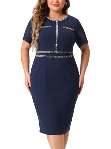 Image of Agnes Orinda Plus Size Dresses for Women Button Crew Neck Vintage Wear to Work Office Party Bodycon Pencil Dress