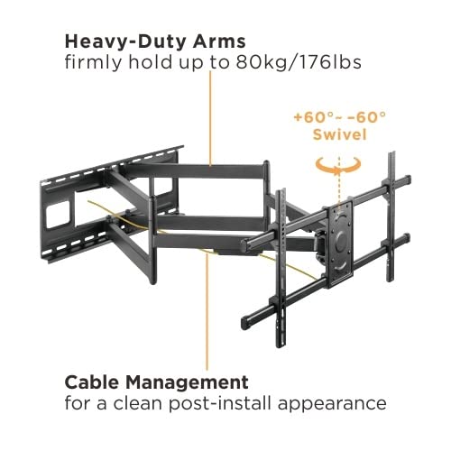 Diagram showing heavy-duty arms, swivel range, and cable management of LUMI TV Wall Mount