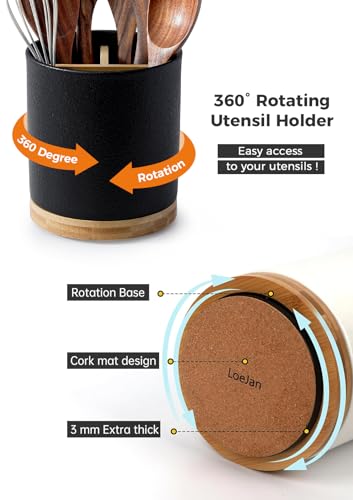 Image of LoeJan 3 Compartment Utensil Holder, Extra Large Utensil Crock, Stable Ceramic Utensil Organizer, Cooking Tool Organizer Set for Kitchen Counter Farmhouse Decor,Textured Black