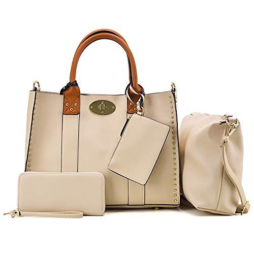 Women Tote Handbags Stud Top Handle Purse Satchel Shoulder Hobo Bag Wallet 4PCs Set, Light Beige