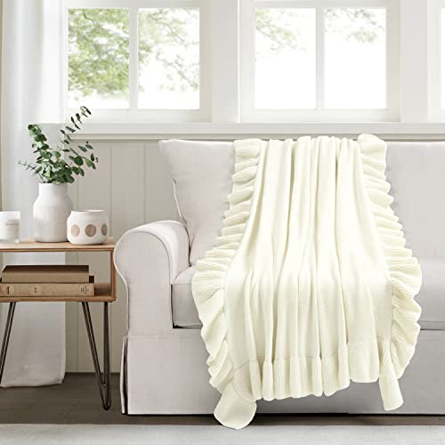 Image of Lush Decor Reyna Soft Knitted Ruffle Throw Blanket, 50 inch W x 60 inch L, Ivory - Modern Farmhouse Ruffle Blanket - Cozy Chic Blanket For Bed, Couch, or Chair