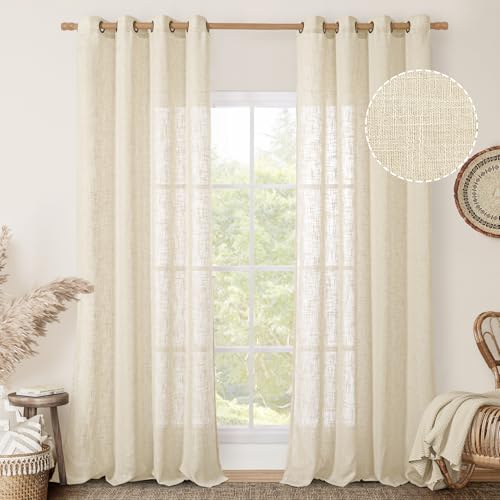 Image of LAMIT 102 inches Long Sheer Linen Curtains, Linen Textured Light Filtering Semi Sheer Bronze Grommet Natural Boho Drapes for Living Room /Farmhouse, 2 Panels, Beige, 52 x 102 Inch