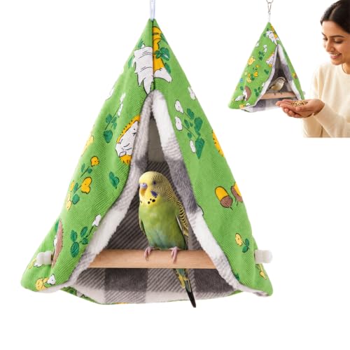 Image of Qpets Hanging Bird Tent Bed, Plush Nest with Wooden Perch for Small Birds