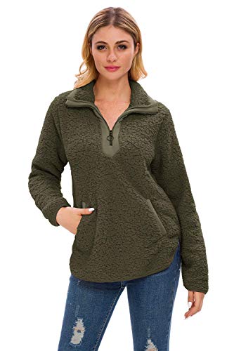 Lilly Posh Womens Fleece Sherpa Fuzzy Zipper Long Sleeve Loose Pullover Green