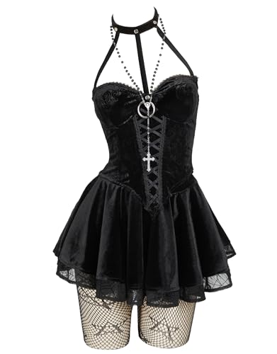 MEOWCOS Corset Top Skirt Set Gothic Halloween Casual Party Dress Lace-up Top Skirt with Net Stockings and Sleeves