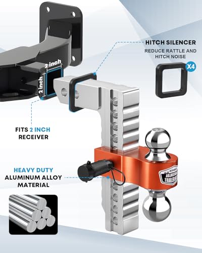 Image of Kohree Adjustable Trailer Hitch Fit 2 Inch Receiver, Dual Solid Ball 2 inch and 2-5 /16 inch(12,500 LBS GTW), 10 inch Drop & Rise Heavy Duty Aluminum Tow Hitch with 4 Silencer Pads & 2 Locking Hitch Pin, Orange