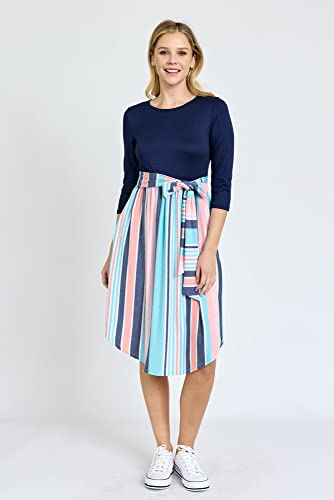 Image of Eloges Women's 3 /4 Sleeve Contrast Waist Band Floral Curved Hem Midi Dress