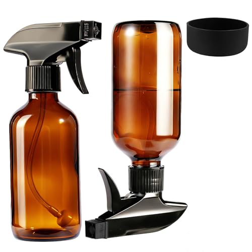 Caija-H 2 Pack Glass Spray Bottles for Cleaning8oz 240ml Spray Bottle with Weighted Ball Straws 360 Any Angle Mist Sprayer for Kitchen Plants Pets Hair Water Mister (Amber)