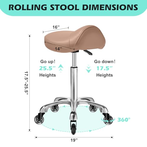 Image of Saddle Stool Chair with Wheels, Ergonomic Thicker Saddle Seat Design for Healthy Sitting Posture, PU Leather, Rolling Saddle Stool with Silent Rubber Wheels Adjustable for Salon Massage Home, Brown