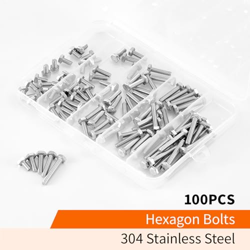 Image of M4 x 8mm 12mm 16mm 20mm 25mm Heavy Duty Hexagon Bolts Hex Head Screws, 304 Stainless Steel, Metric Machine Fully Threaded, Bright Finish, Assortment Kit 100PCS