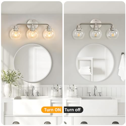 Image of 3 Light Bathroom Vanity Light Fixtures, Brushed Nickel Vanity Lights | with Clear Globe Glass Shades, Modern Bathroom Lights Wall Sconce Wall Lamp for Mirror Living Room Kitchen Bedroom Hallway
