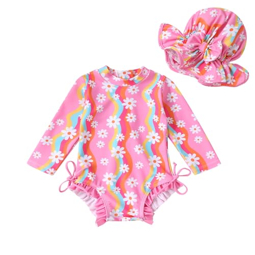 Image of Infant Baby Girl Swimsuit One-Piece Long Sleeve Rash Guard with Hat Set Floral Zipper Bathing Suit Leopard Beach Wear