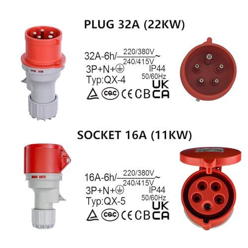 CEE Adapter 32A Stecker auf 16A Steckdose mit Schutzabdeckung, 3 Phasen, 5 polig, IP44 wasser- und staubgeschützt, tragbar, geeignet für den industriellen und privaten Gebrauch (32-16)