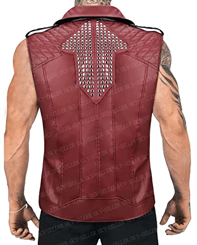 Mens Thunder Punk Rock Spikes Studded Red Leather Vest - Motorcycle Brando Biker Leather Jacket Faux/Real Sheepskin