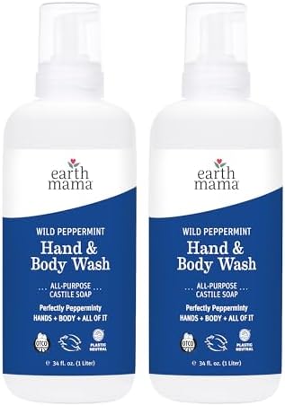 Earth Mama Wild Peppermint Hand & Body Wash | Foaming Castile Soap Liquid and Hand Soap, Made with Organic Wild Mint & Peppermint Oil, 34 fl oz (2-Pack)