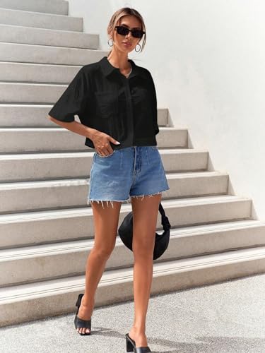 Image of TOPLOT V-Collar Solid Crop Shirt for Women with Half Sleeves, Polyester, Regular Fit