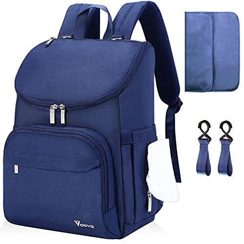 Voova Mochila de Pañales para Bebé, Impermeable Mochila Maternidad, Gran Capacidad Mochila de Cambio Bolso para Pañaleras con Cambiador y 2 Piezas Ganchos Carrito Bebes para Mamá y Papá, Azul