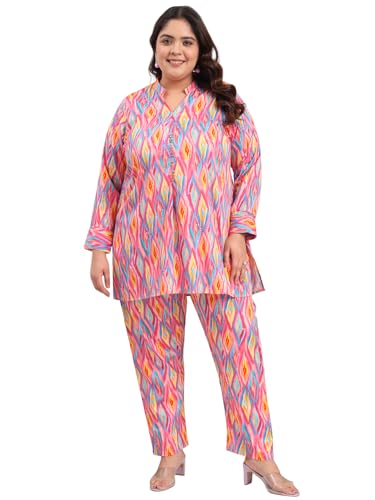 Image of Tissu Women's Plus Size Pure Cotton Red Asymmetrical Top with Trouser Co-ord Set