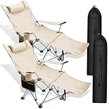 Suzile 2 Pieces Reclining Camping Chair with Footrest Portable Beach Lounge Chair with Headrest Adjustable Folding Comfortable Outdoor Chairs for Adults Summer Camp Sports Supplies, Support 330 Lbs