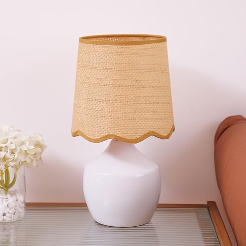 Boho Rattan Ceramic Table Lamp,Small White Ceramic Bedroom Bedsid...