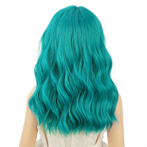 Image of PATTNIUM Blue Green Wig for Kids Girls Short Curly Wavy Wigs with Bangs Blue Green Shoulder Length Wavy Heat Resistant Synthetic Wig