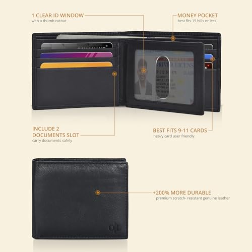 Oak Leathers Leather Wallet for Men - RFID Bifold Wallets with 9 Credit Cards 1 ID Window Slim Minimalist Front Pocket Gift For Men
