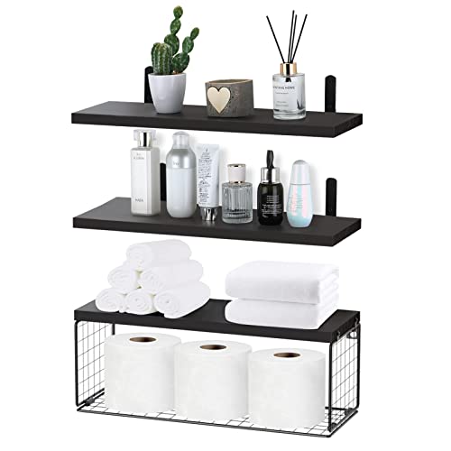 Homcytop Floating Shelves Wall Mounted, Bathroom Shelf Organizer Over Toilet With Paper Storage Basket, Rustic Farmhouse Wall Shelves Brackets For Wall Decor, Kitchen, Bedroom, Living Room (Black) #TOP12