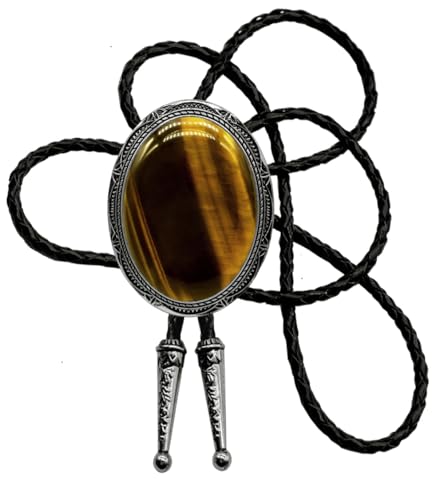 Image of Moranse Bolo Tie with Natural Tiger Eye Stone Celtic Style Genuine and Cowhide Rope