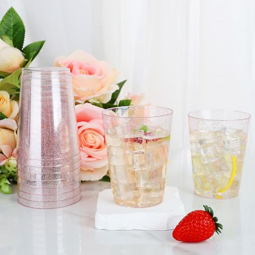 Image of DaYammi 100 Pack 10oz Pink Plastic Cups, Premium Disposable Rose Gold Glitter Plastic Cups for Martini and Cocktail,Disposable Cup with Pink Glitter Perfect for Party Wedding Bridal Shower
