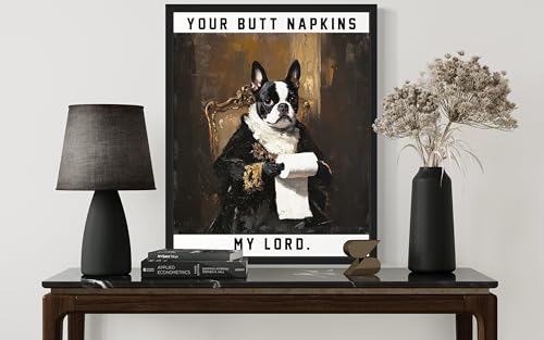 Image of Boston Terrier Gothic Bathroom Black Framed Wall Art Print Poster, Dog Pet Lover Picture Painting Artwork Bedroom Living Room Office Dining Room 150D (Boston Terrier Gothic Bathroom, 10 inchL x 8 inchW, Black Frame)