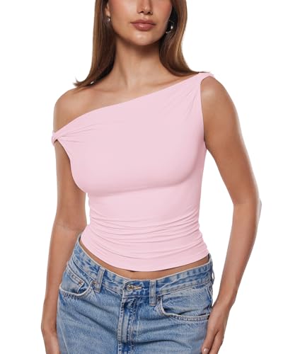 INLYRIC Women's Inbarely Soft Off The Shoulder Tops Versatile Going Out Trendy Shirts Y2K Spring Summer Outfits Sweet Pink Medium