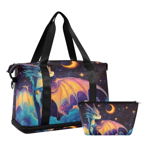 Dragon Weekender Bag for Women, Crescent Moon Star Dragon Gym Sports Duffle Travel Swim Tote with Toiletry Bag Shoes Compartment Dry/Wet Separation