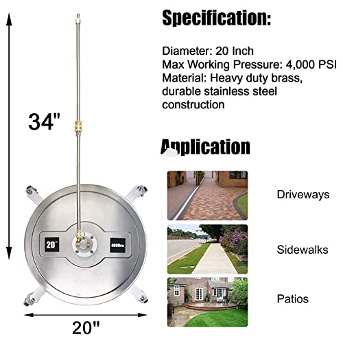 Kit de limpieza de superficies a presión, 4000 PSI de acero inoxidable giratorio plano con ruedas, enchufe rápido de 1/4 pulgadas, 2 varitas de extensión para entrada, acera, limpieza de patio