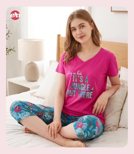 Image of ENJOYNIGHT Womens Pajama Sets Cotton Pj Set Short Sleeve Top With Capri Pants Sleepwear 2 Piece Lounge Set